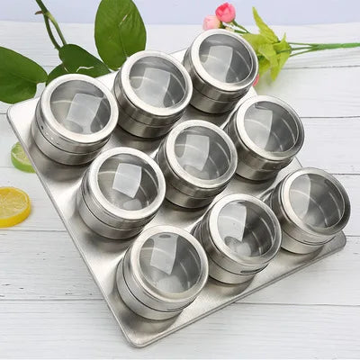 Magnetic Stainless Steel Spice Jar Set with Clear Lids – 6/9/12 Piece Seasoning Container Kit for Kitchen & BBQ