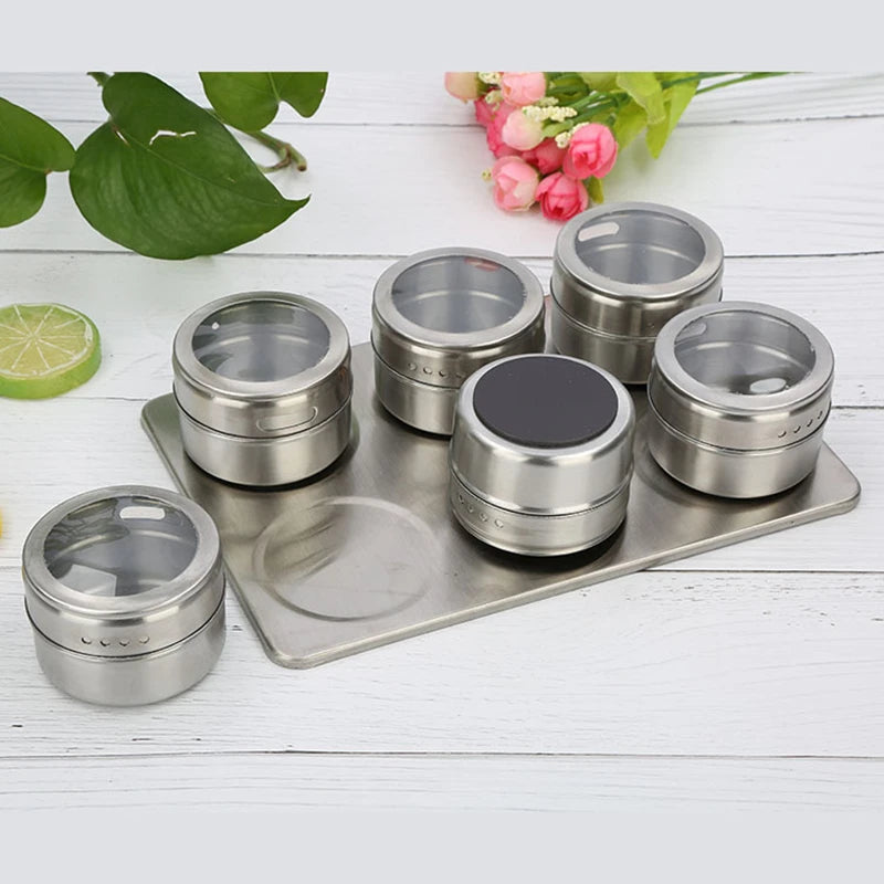 Magnetic Stainless Steel Spice Jar Set with Clear Lids – 6/9/12 Piece Seasoning Container Kit for Kitchen & BBQ