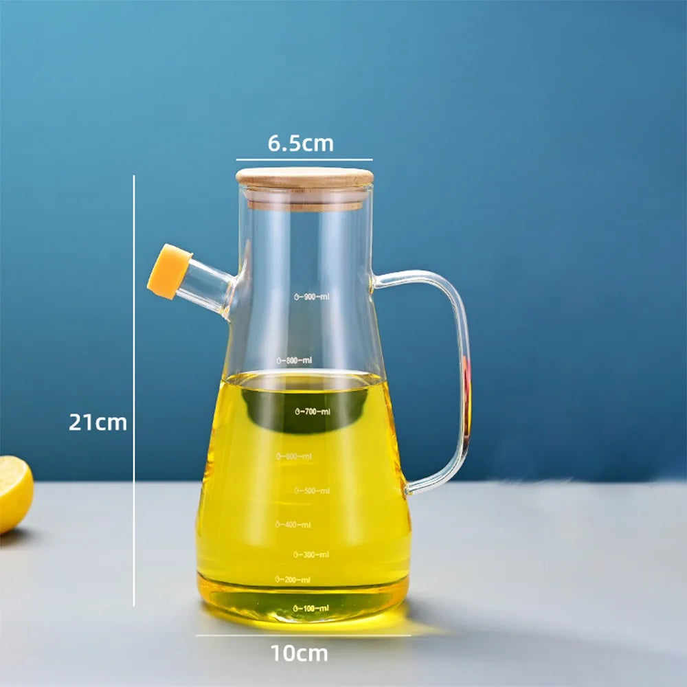 Premium Glass Oil Bottle with Wooden Lid & Handle – 900ml / 1000ml Heat-Resistant Dispenser for Olive Oil, Vinegar & Sauces