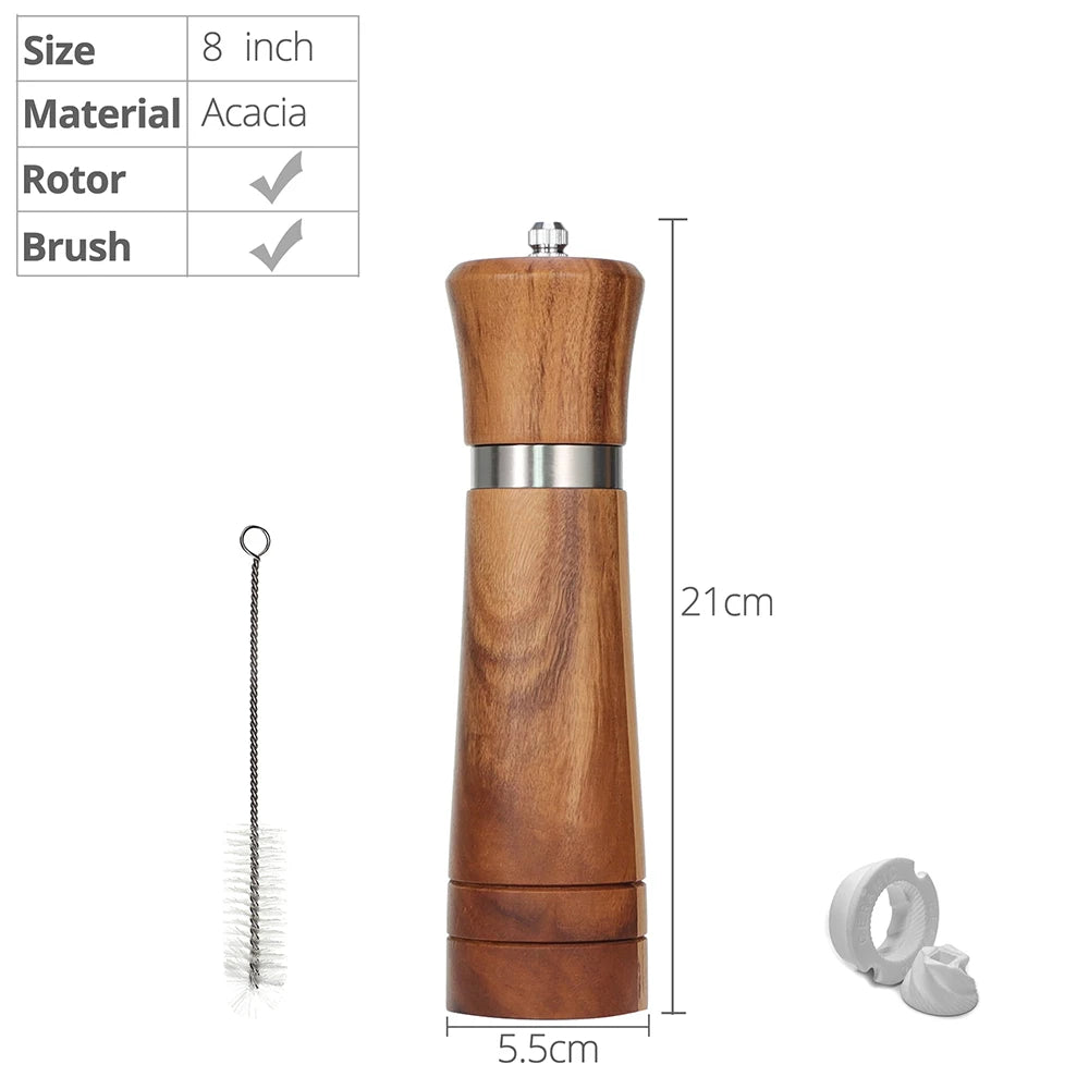 Premium Wooden Salt & Pepper Grinder Set – Adjustable Ceramic Grinder with Spare Ceramic Core & Cleaning Brush (6”, 8” or 10”)