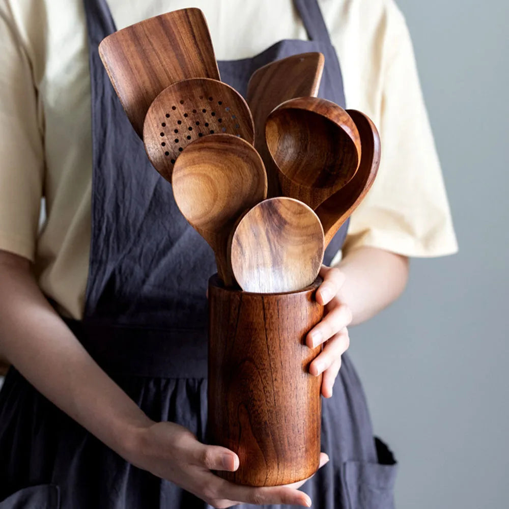 Premium Natural Teak Wooden Cooking Utensil Set – Non-Stick, Heat-Resistant, Eco-Friendly Kitchen Tools (6/7/8 pcs)