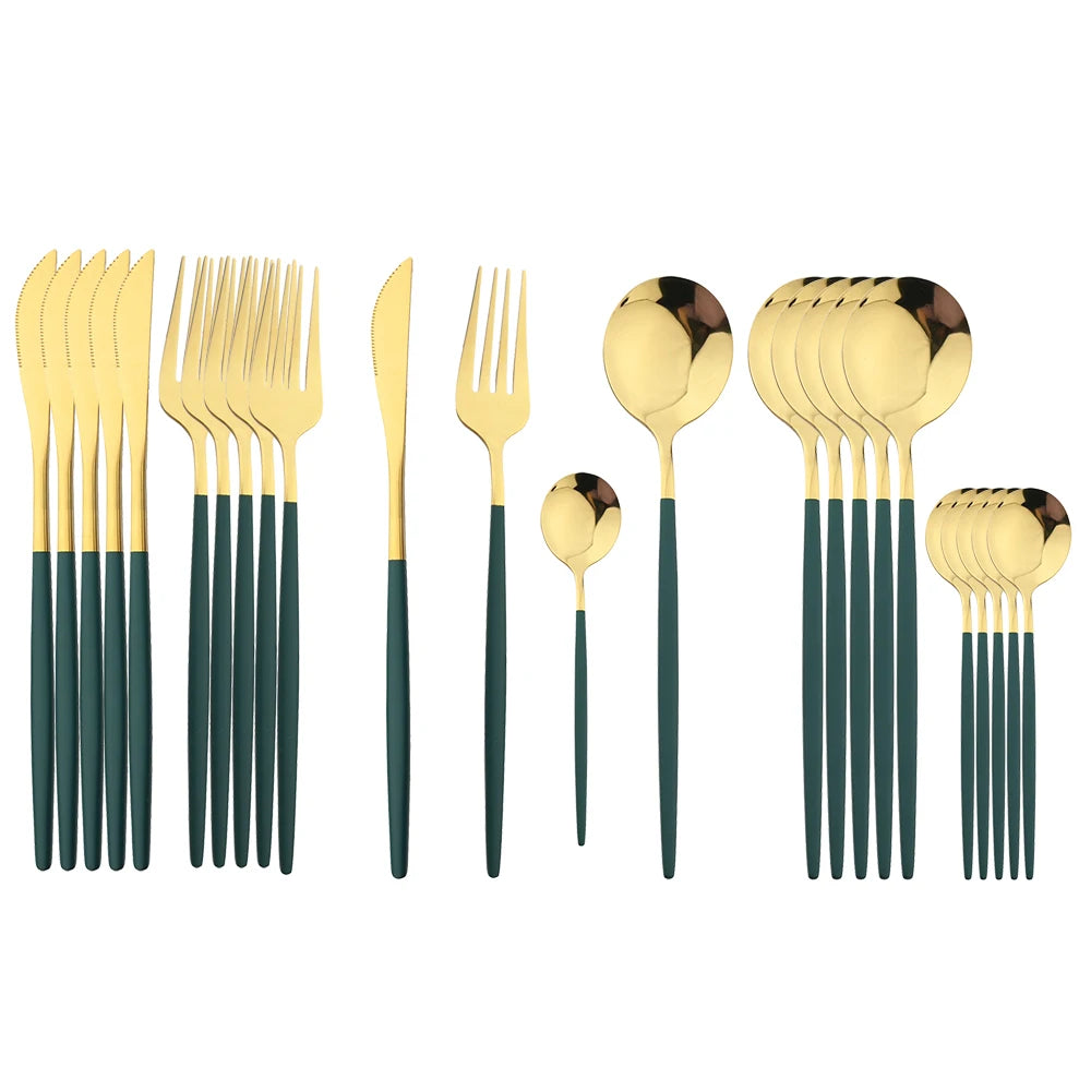 Luxury 24-Piece Stainless Steel Cutlery Set – Black Handle with Gold Accent – Premium Tableware with Gift Box Option