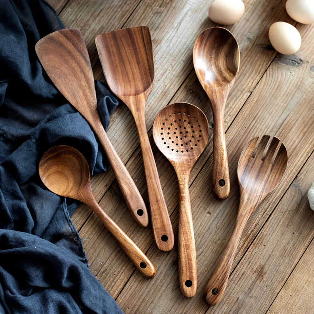 Premium Natural Teak Wooden Cooking Utensil Set – Non-Stick, Heat-Resistant, Eco-Friendly Kitchen Tools (6/7/8 pcs)