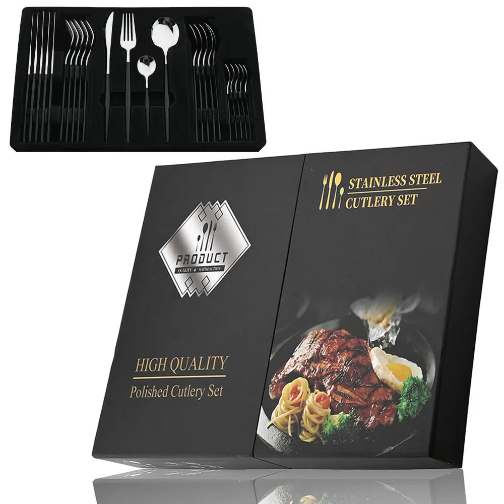 Luxury 24-Piece Stainless Steel Cutlery Set – Black Handle with Gold Accent – Premium Tableware with Gift Box Option