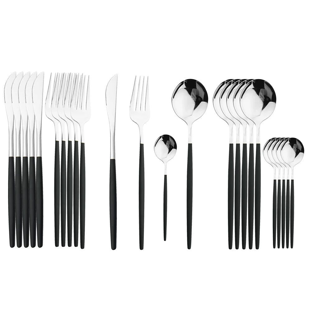 Luxury 24-Piece Stainless Steel Cutlery Set – Black Handle with Gold Accent – Premium Tableware with Gift Box Option