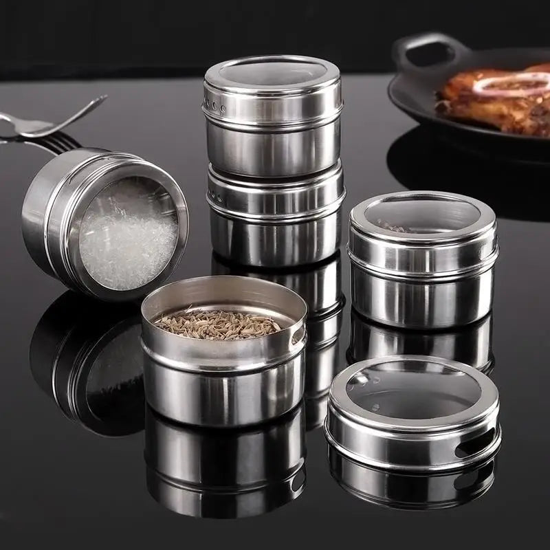 Magnetic Stainless Steel Spice Jar Set with Clear Lids – 6/9/12 Piece Seasoning Container Kit for Kitchen & BBQ