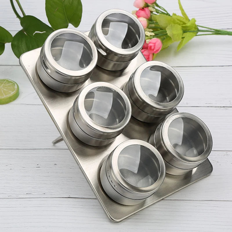 Magnetic Stainless Steel Spice Jar Set with Clear Lids – 6/9/12 Piece Seasoning Container Kit for Kitchen & BBQ