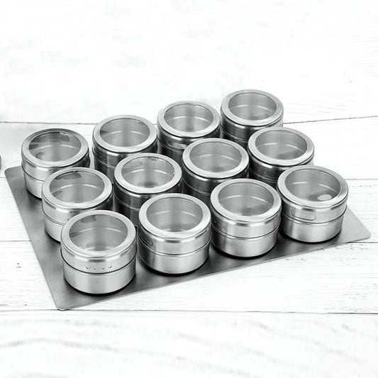 Magnetic Stainless Steel Spice Jar Set with Clear Lids – 6/9/12 Piece Seasoning Container Kit for Kitchen & BBQ
