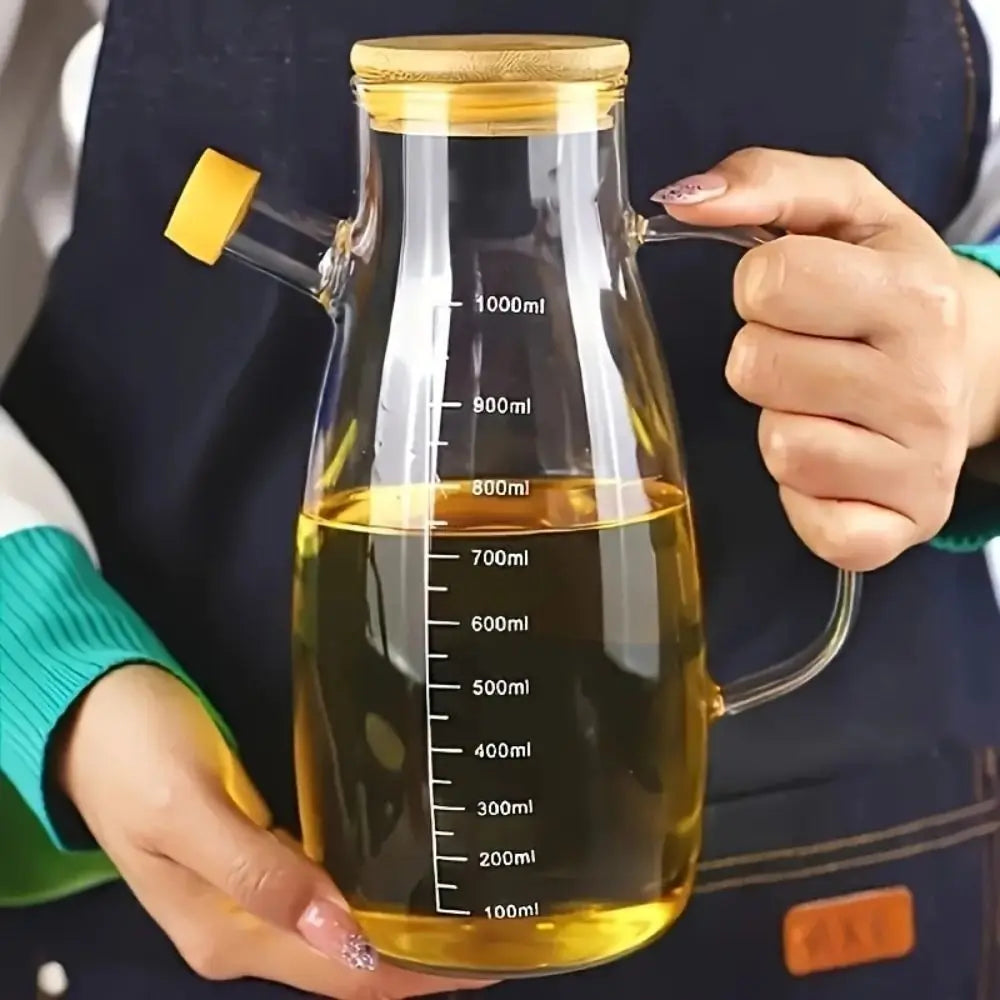 Premium Glass Oil Bottle with Wooden Lid & Handle – 900ml / 1000ml Heat-Resistant Dispenser for Olive Oil, Vinegar & Sauces