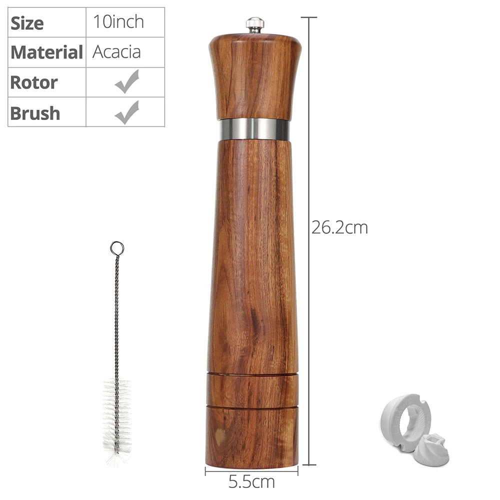 Premium Wooden Salt & Pepper Grinder Set – Adjustable Ceramic Grinder with Spare Ceramic Core & Cleaning Brush (6”, 8” or 10”)