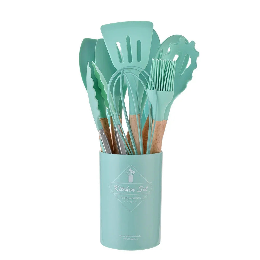 Premium 12-Piece Silicone Kitchen Utensil Set – Non-Stick, Heat-Resistant Cooking Tools with Wooden Handles
