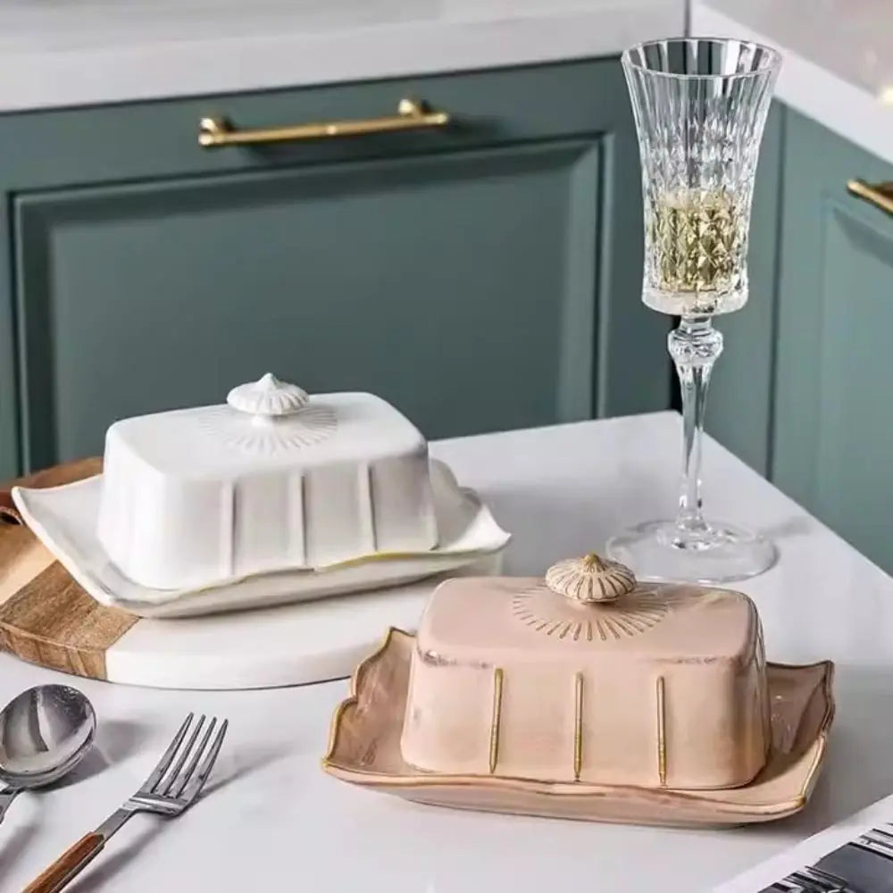 Elegant Ceramic Butter Dish with Lid – Rectangular Design for Butter, Snacks, or Desserts