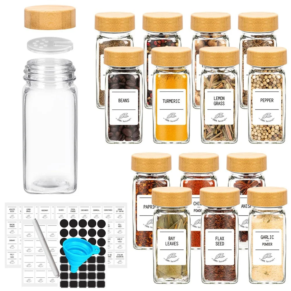 Premium 12-Piece Glass Spice Jar Set with Bamboo Lids, Minimalist Labels, Stickers & Collapsible Funnel – 120ml Kitchen Storage Organizer