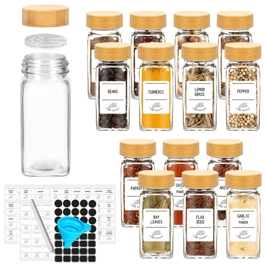 Premium 12-Piece Glass Spice Jar Set with Bamboo Lids, Minimalist Labels, Stickers & Collapsible Funnel – 120ml Kitchen Storage Organizer