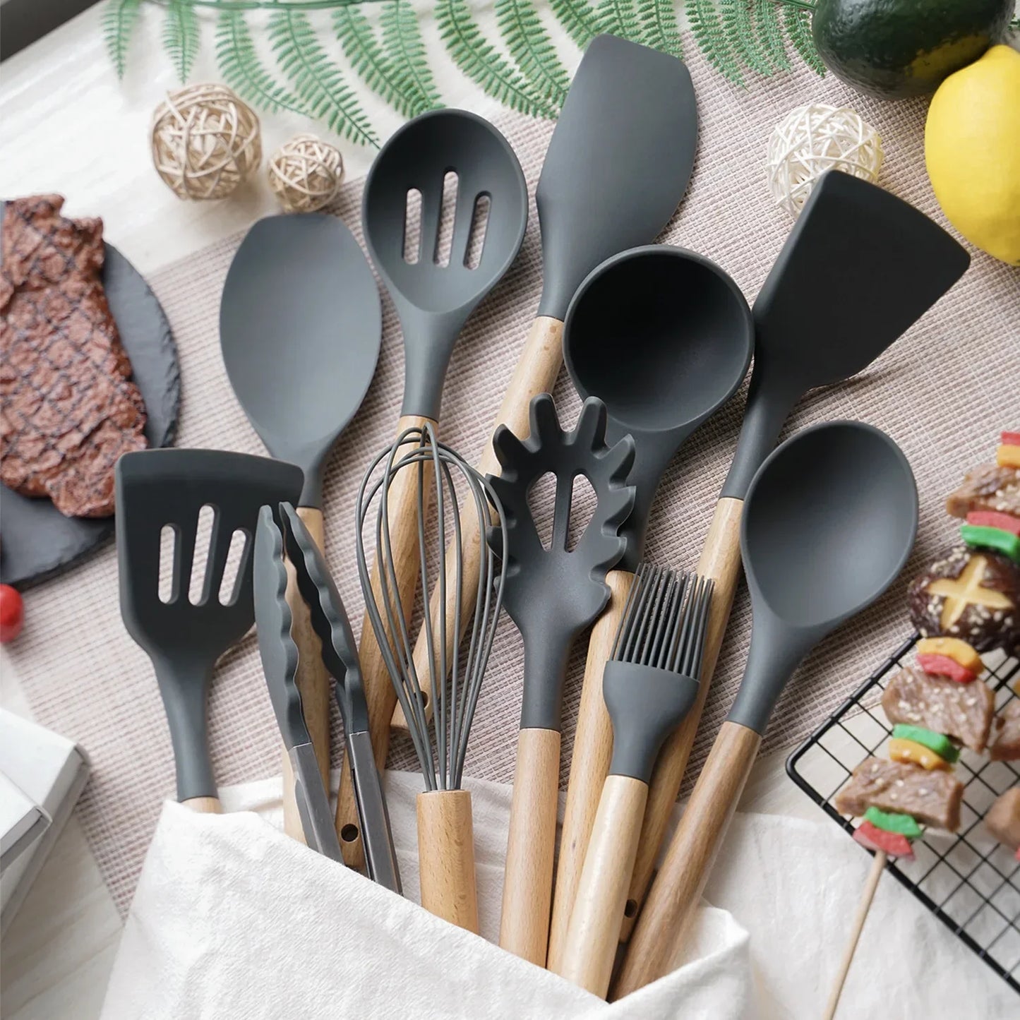 Premium 12-Piece Silicone Kitchen Utensil Set – Non-Stick, Heat-Resistant Cooking Tools with Wooden Handles