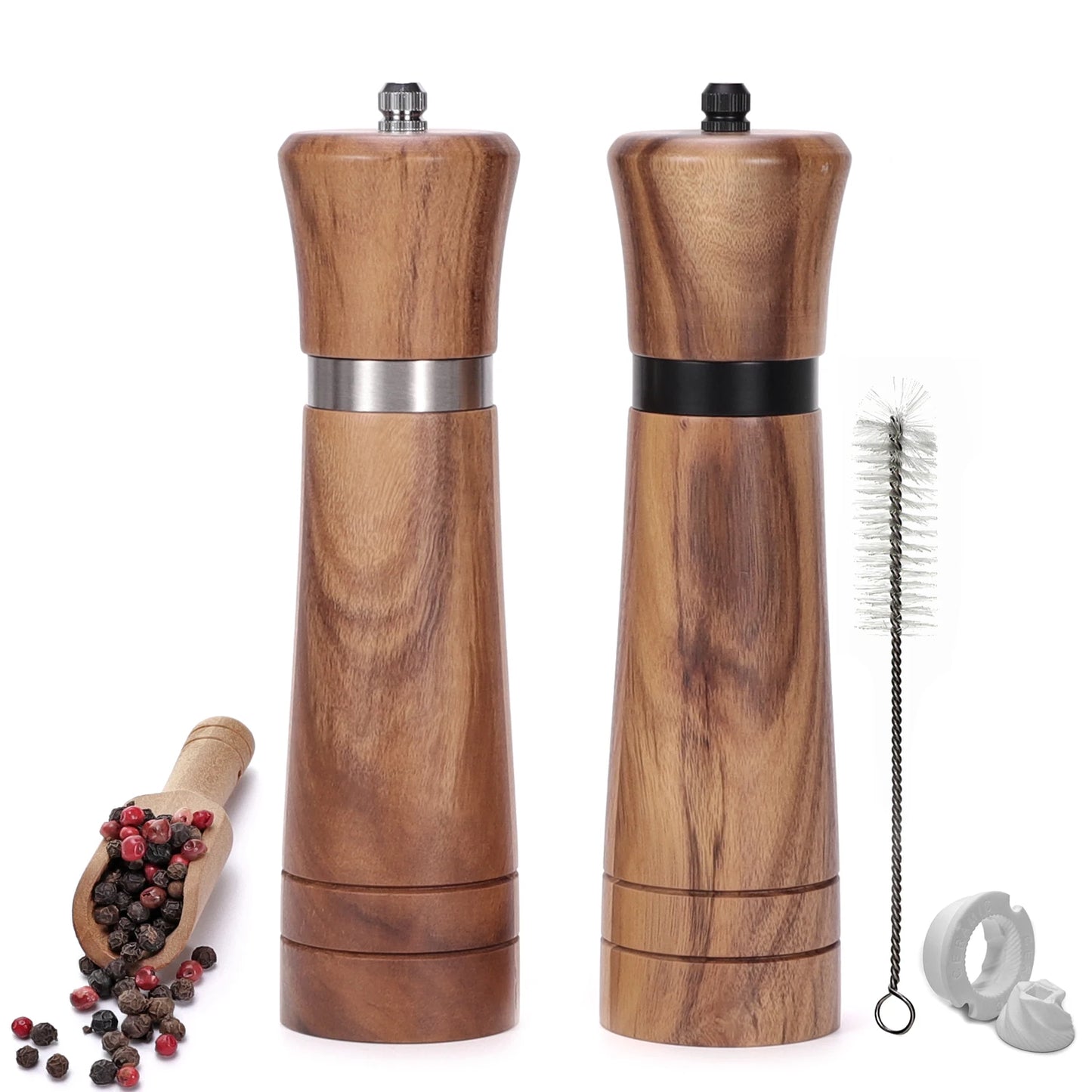 Premium Wooden Salt & Pepper Grinder Set – Adjustable Ceramic Grinder with Spare Ceramic Core & Cleaning Brush (6”, 8” or 10”)
