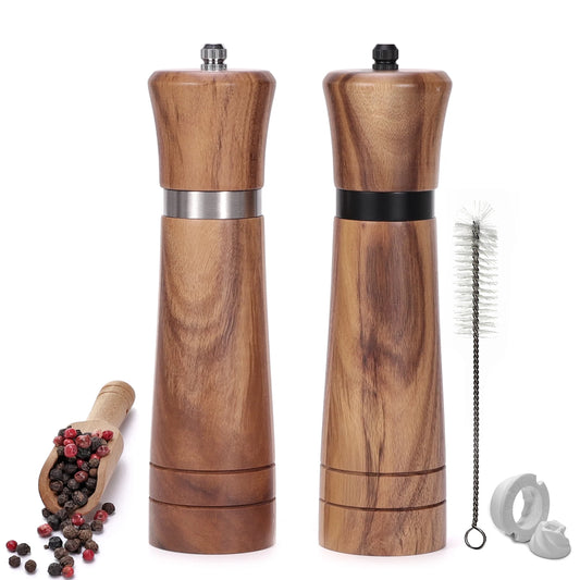 Premium Wooden Salt & Pepper Grinder Set – Adjustable Ceramic Grinder with Spare Ceramic Core & Cleaning Brush (6”, 8” or 10”)