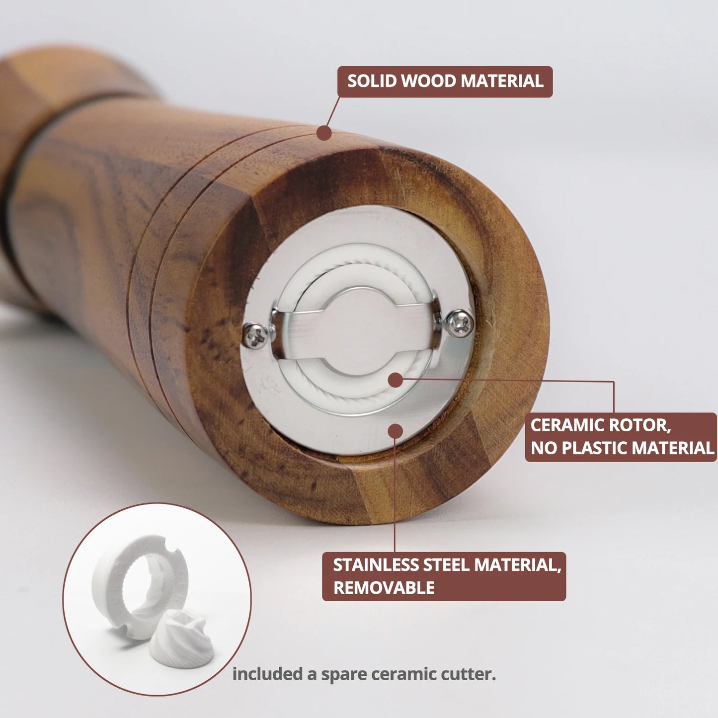 Premium Wooden Salt & Pepper Grinder Set – Adjustable Ceramic Grinder with Spare Ceramic Core & Cleaning Brush (6”, 8” or 10”)