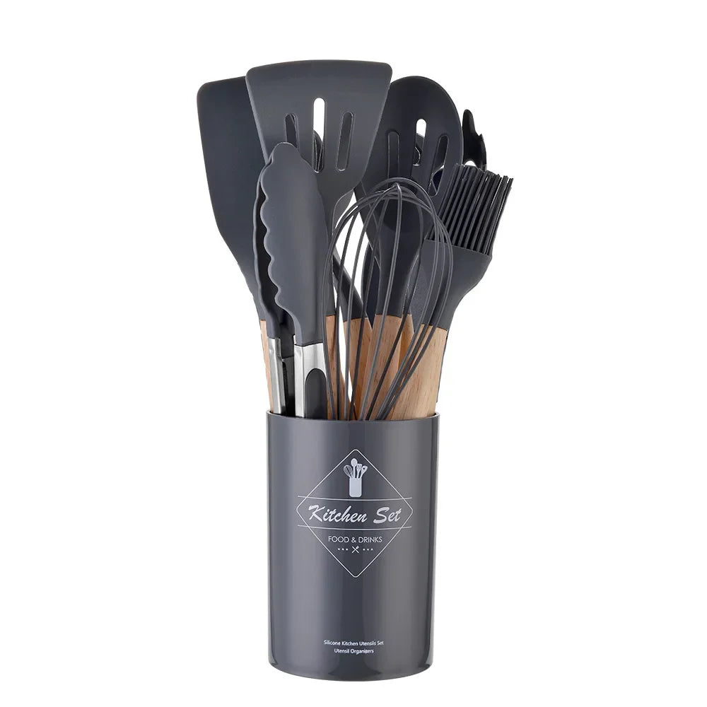 Premium 12-Piece Silicone Kitchen Utensil Set – Non-Stick, Heat-Resistant Cooking Tools with Wooden Handles