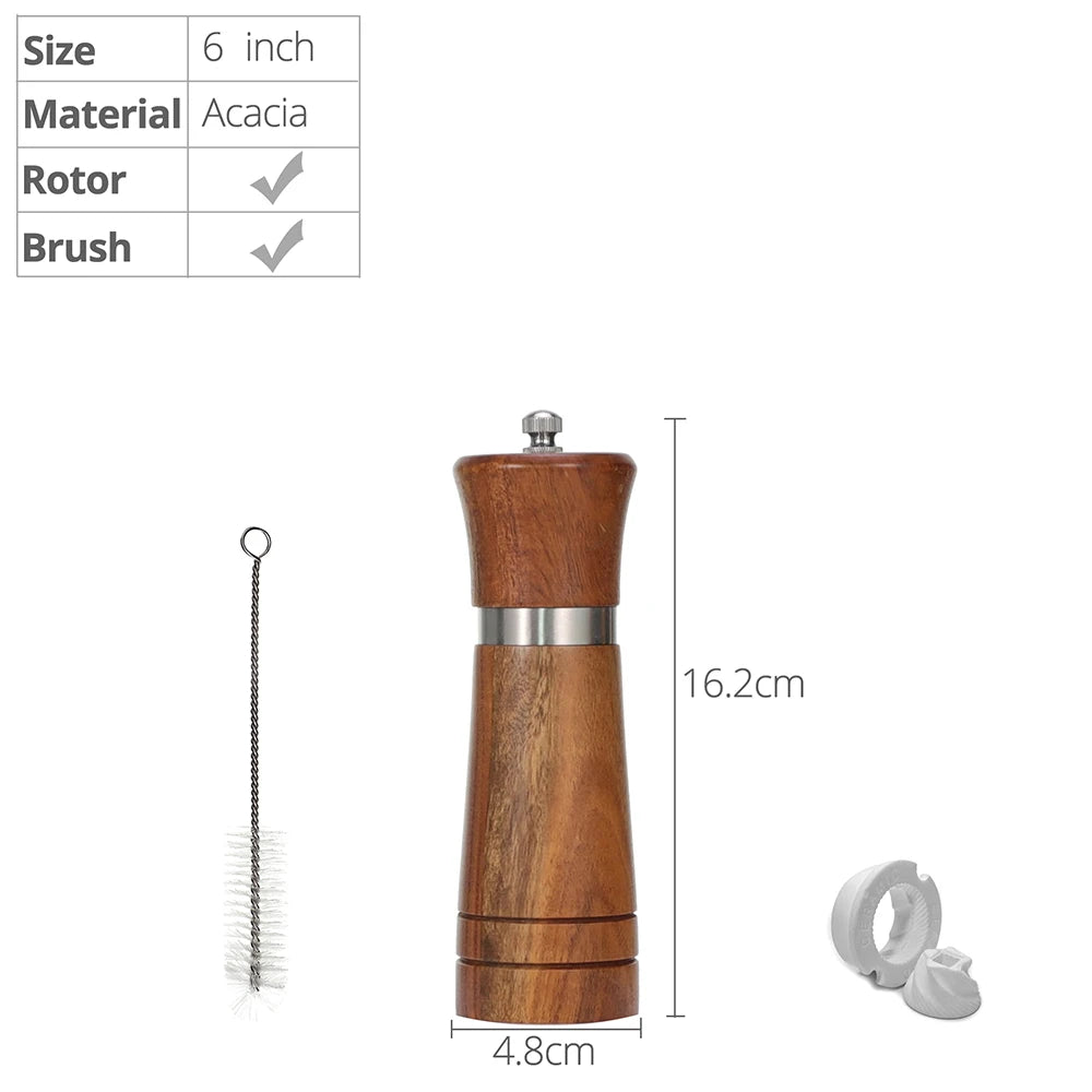 Premium Wooden Salt & Pepper Grinder Set – Adjustable Ceramic Grinder with Spare Ceramic Core & Cleaning Brush (6”, 8” or 10”)
