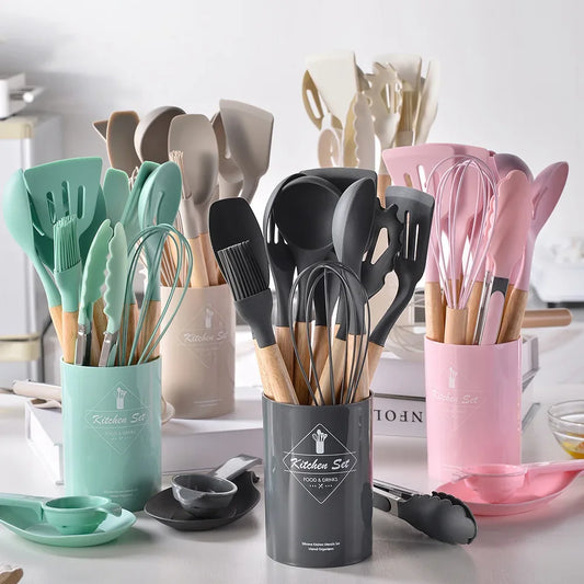 Premium 12-Piece Silicone Kitchen Utensil Set – Non-Stick, Heat-Resistant Cooking Tools with Wooden Handles