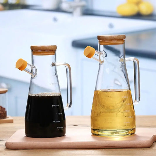 Premium Glass Oil Bottle with Wooden Lid & Handle – 900ml / 1000ml Heat-Resistant Dispenser for Olive Oil, Vinegar & Sauces