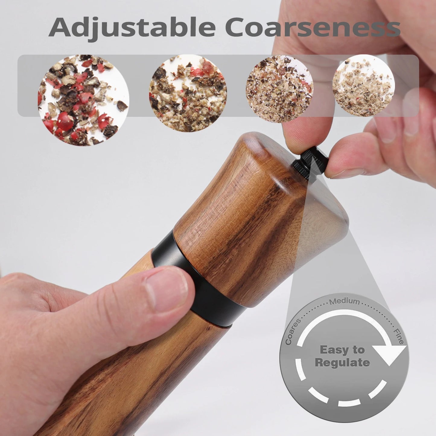 Premium Wooden Salt & Pepper Grinder Set – Adjustable Ceramic Grinder with Spare Ceramic Core & Cleaning Brush (6”, 8” or 10”)
