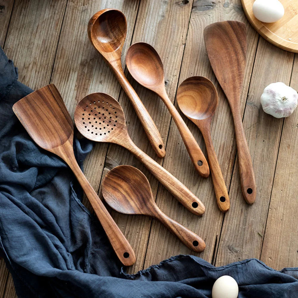 Premium Natural Teak Wooden Cooking Utensil Set – Non-Stick, Heat-Resistant, Eco-Friendly Kitchen Tools (6/7/8 pcs)
