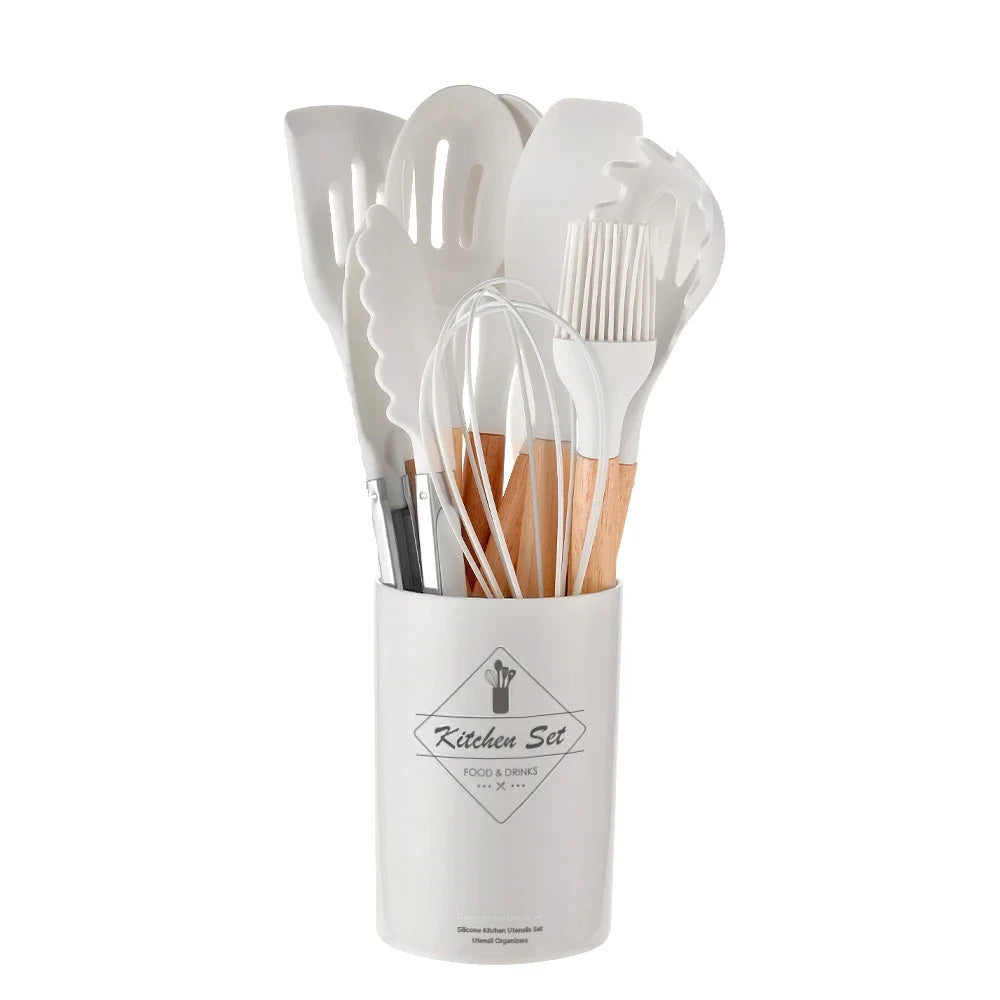 Premium 12-Piece Silicone Kitchen Utensil Set – Non-Stick, Heat-Resistant Cooking Tools with Wooden Handles