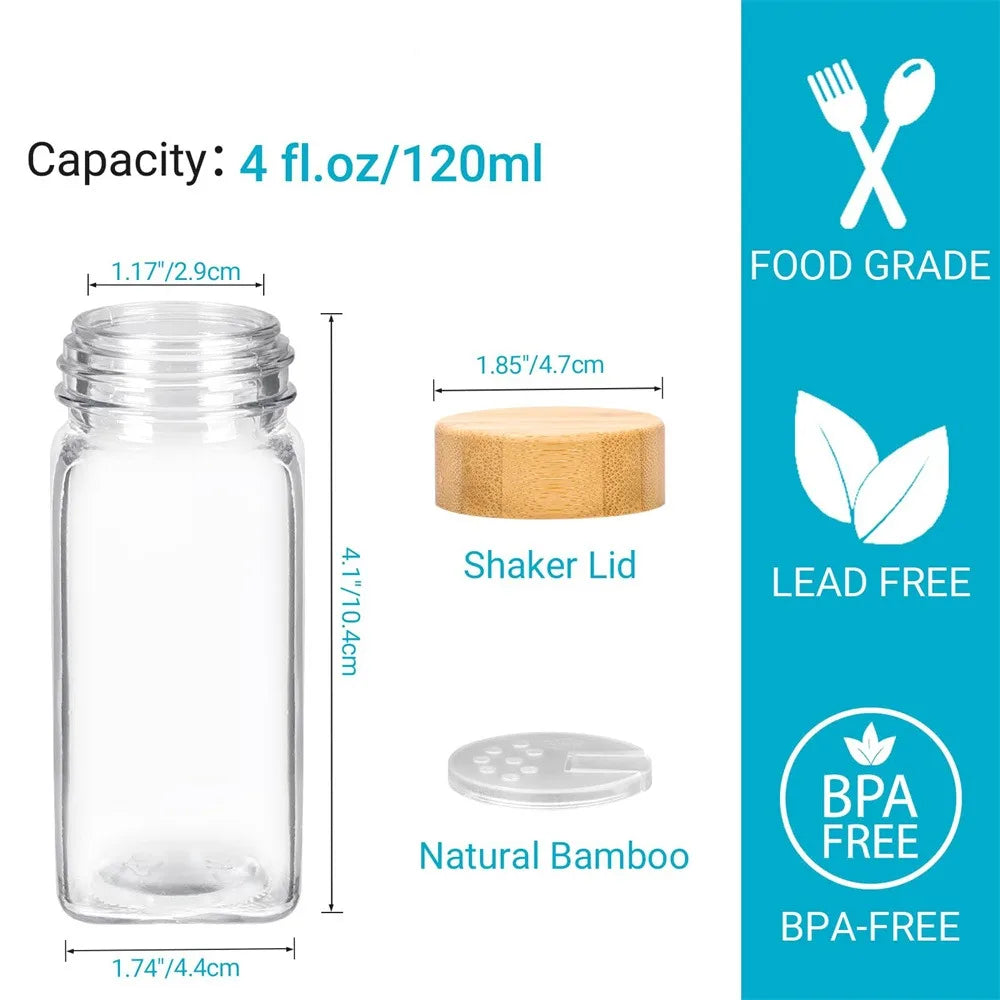 Premium 12-Piece Glass Spice Jar Set with Bamboo Lids, Minimalist Labels, Stickers & Collapsible Funnel – 120ml Kitchen Storage Organizer