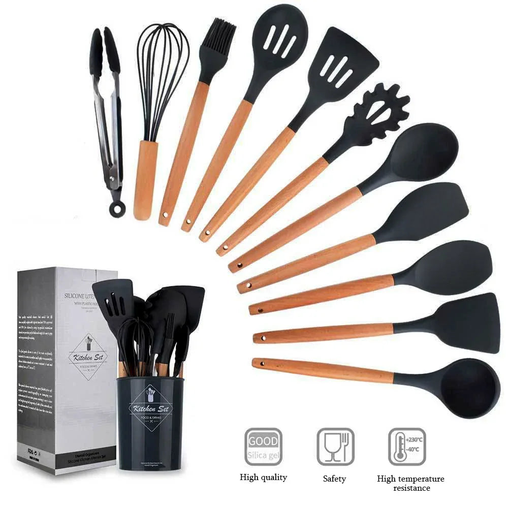 Premium 12-Piece Silicone Kitchen Utensil Set – Non-Stick, Heat-Resistant Cooking Tools with Wooden Handles
