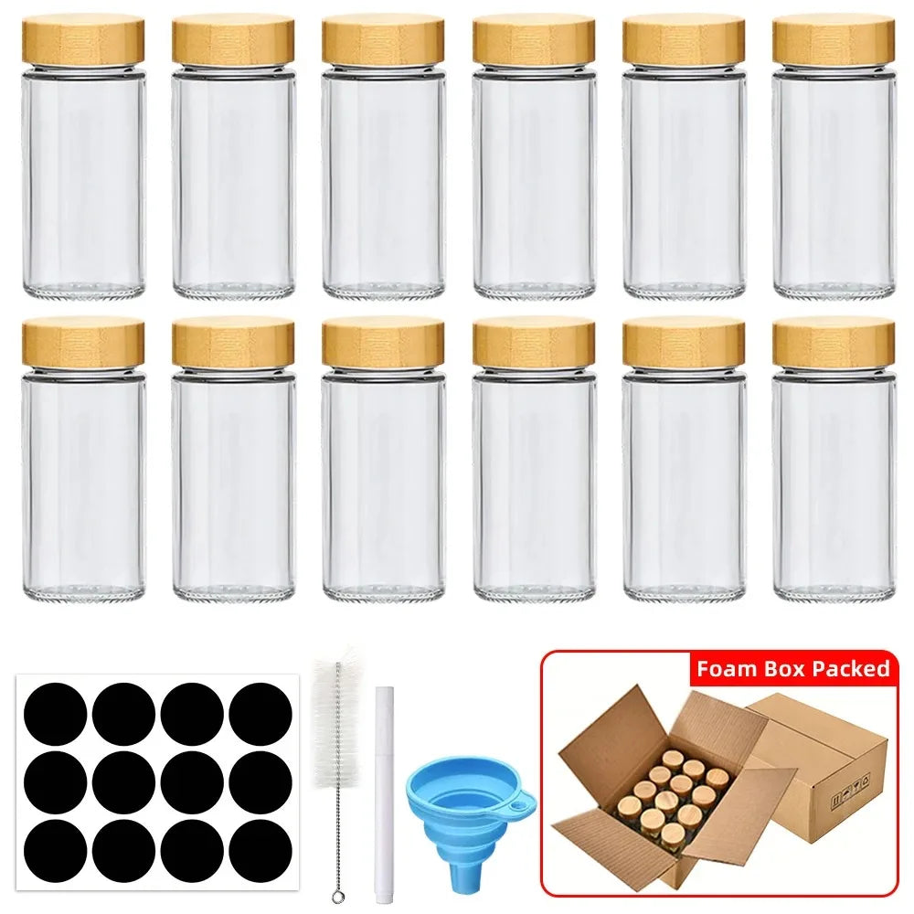 Premium 12-Piece Glass Spice Jar Set with Bamboo Lids, Minimalist Labels, Stickers & Collapsible Funnel – 120ml Kitchen Storage Organizer