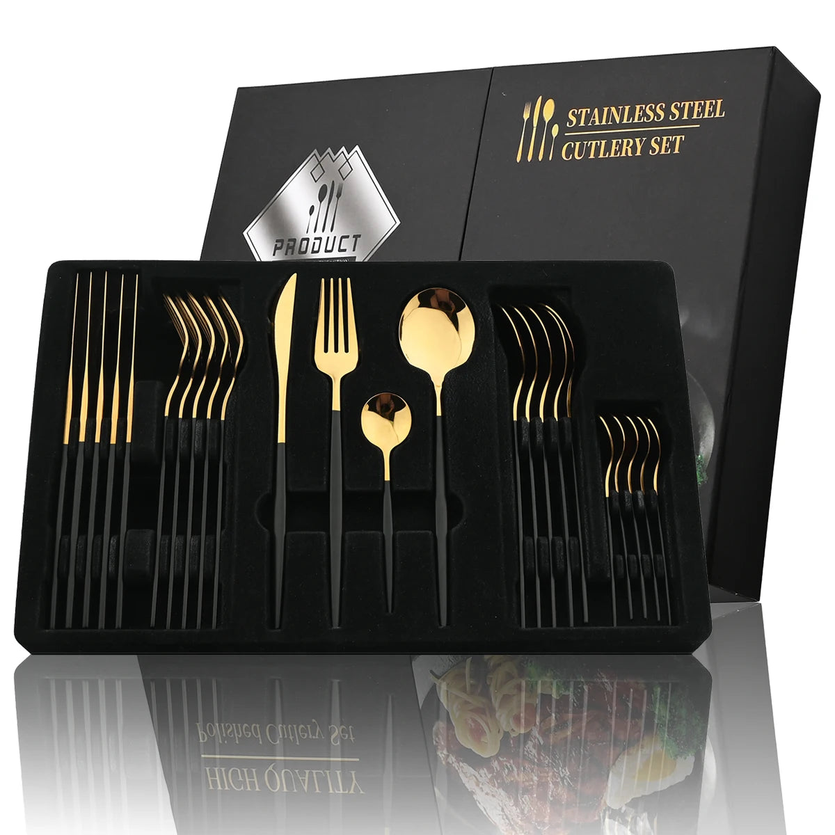 Luxury 24-Piece Stainless Steel Cutlery Set – Black Handle with Gold Accent – Premium Tableware with Gift Box Option