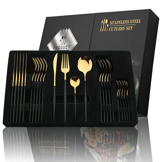 Luxury 24-Piece Stainless Steel Cutlery Set – Black Handle with Gold Accent – Premium Tableware with Gift Box Option