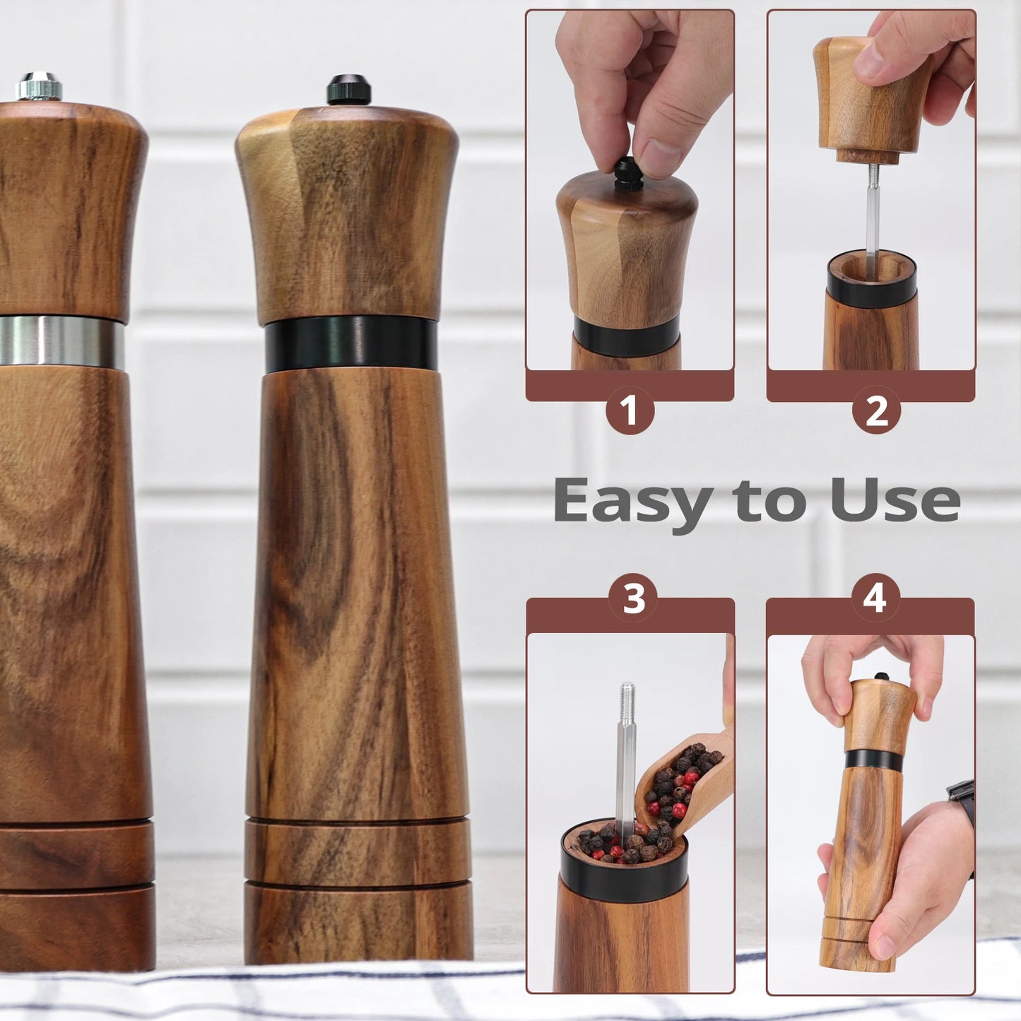 Premium Wooden Salt & Pepper Grinder Set – Adjustable Ceramic Grinder with Spare Ceramic Core & Cleaning Brush (6”, 8” or 10”)