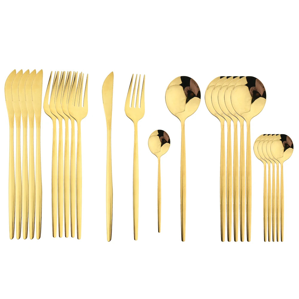 Luxury 24-Piece Stainless Steel Cutlery Set – Black Handle with Gold Accent – Premium Tableware with Gift Box Option