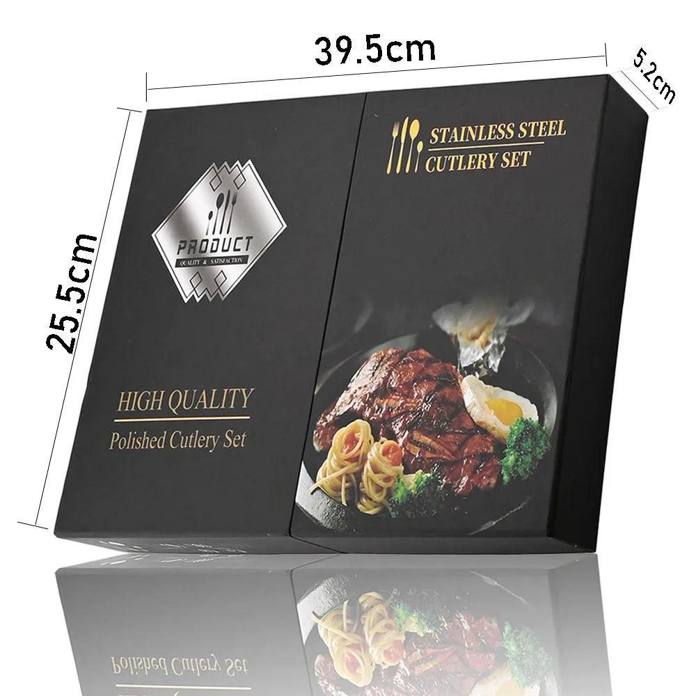 Luxury 24-Piece Stainless Steel Cutlery Set – Black Handle with Gold Accent – Premium Tableware with Gift Box Option