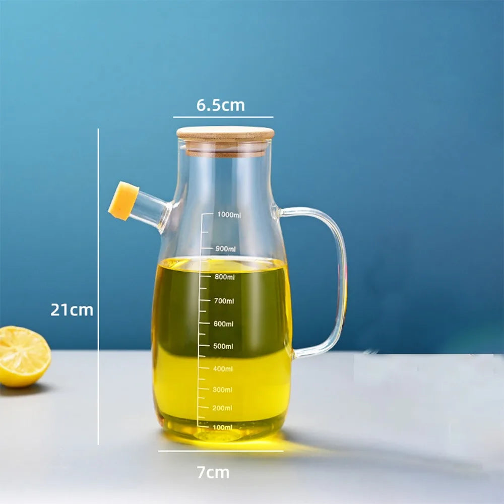 Premium Glass Oil Bottle with Wooden Lid & Handle – 900ml / 1000ml Heat-Resistant Dispenser for Olive Oil, Vinegar & Sauces