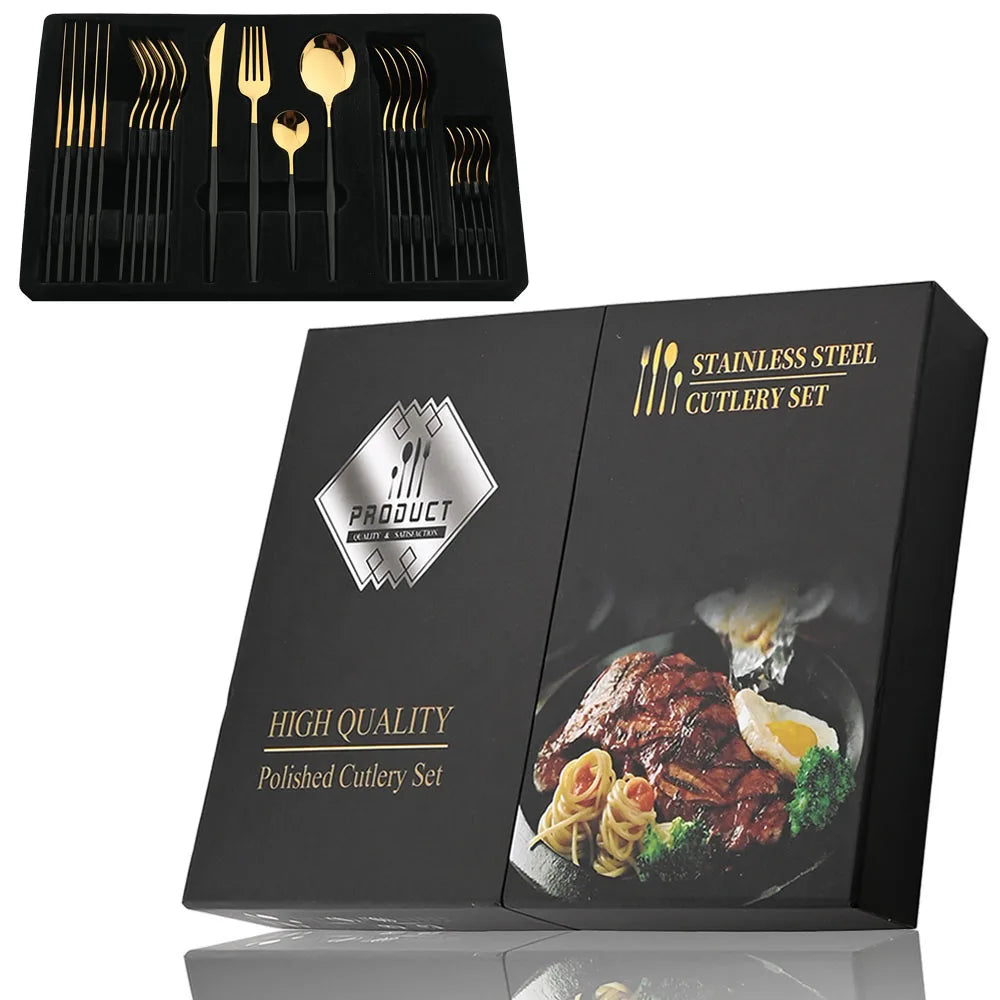 Luxury 24-Piece Stainless Steel Cutlery Set – Black Handle with Gold Accent – Premium Tableware with Gift Box Option