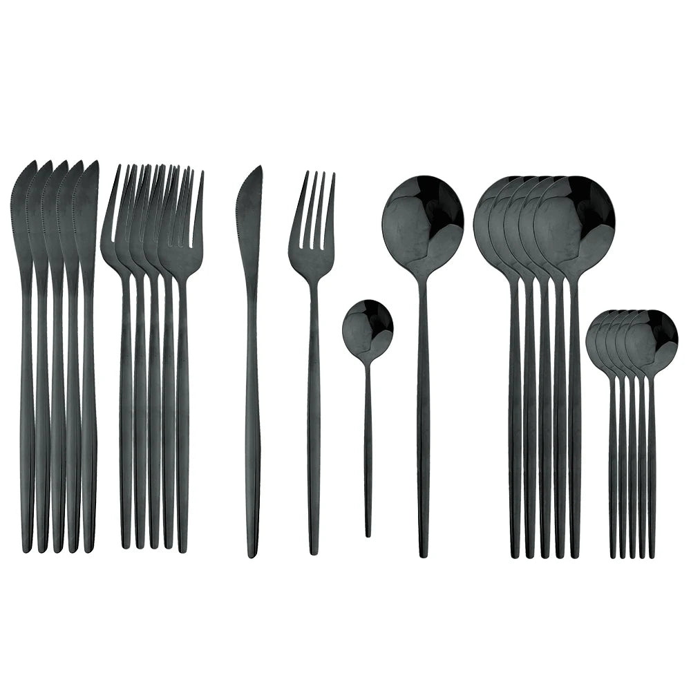 Luxury 24-Piece Stainless Steel Cutlery Set – Black Handle with Gold Accent – Premium Tableware with Gift Box Option