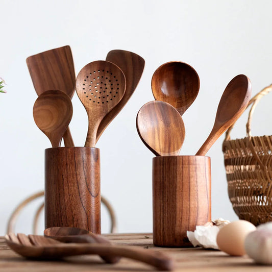 Premium Natural Teak Wooden Cooking Utensil Set – Non-Stick, Heat-Resistant, Eco-Friendly Kitchen Tools (6/7/8 pcs)