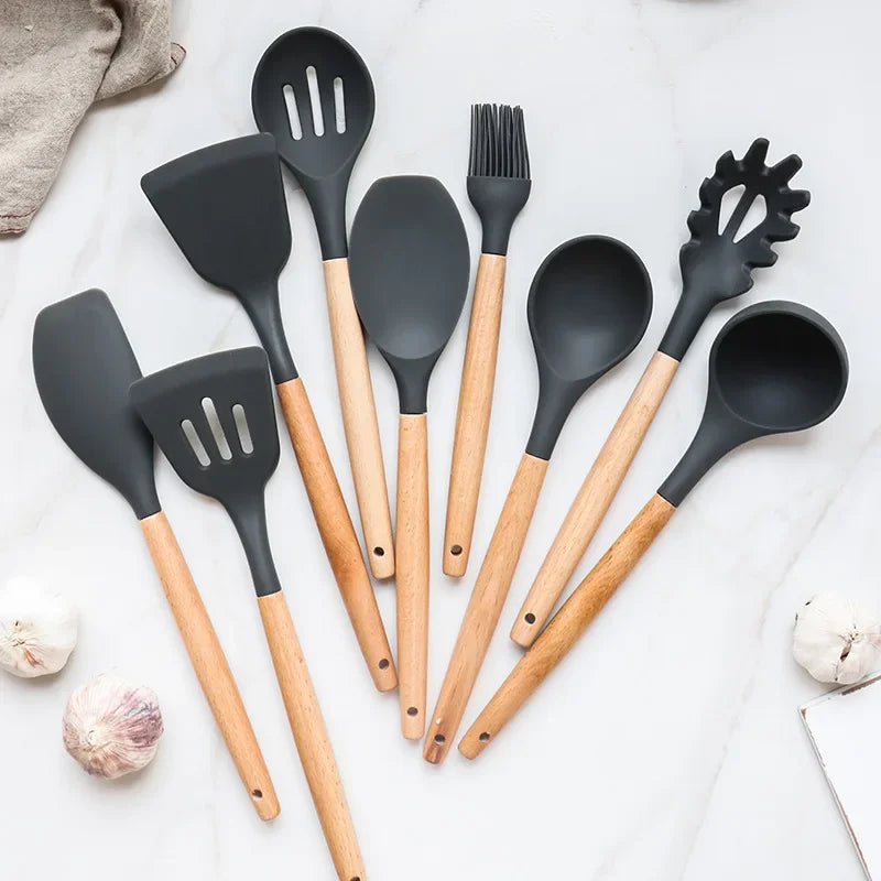 Premium 12-Piece Silicone Kitchen Utensil Set – Non-Stick, Heat-Resistant Cooking Tools with Wooden Handles